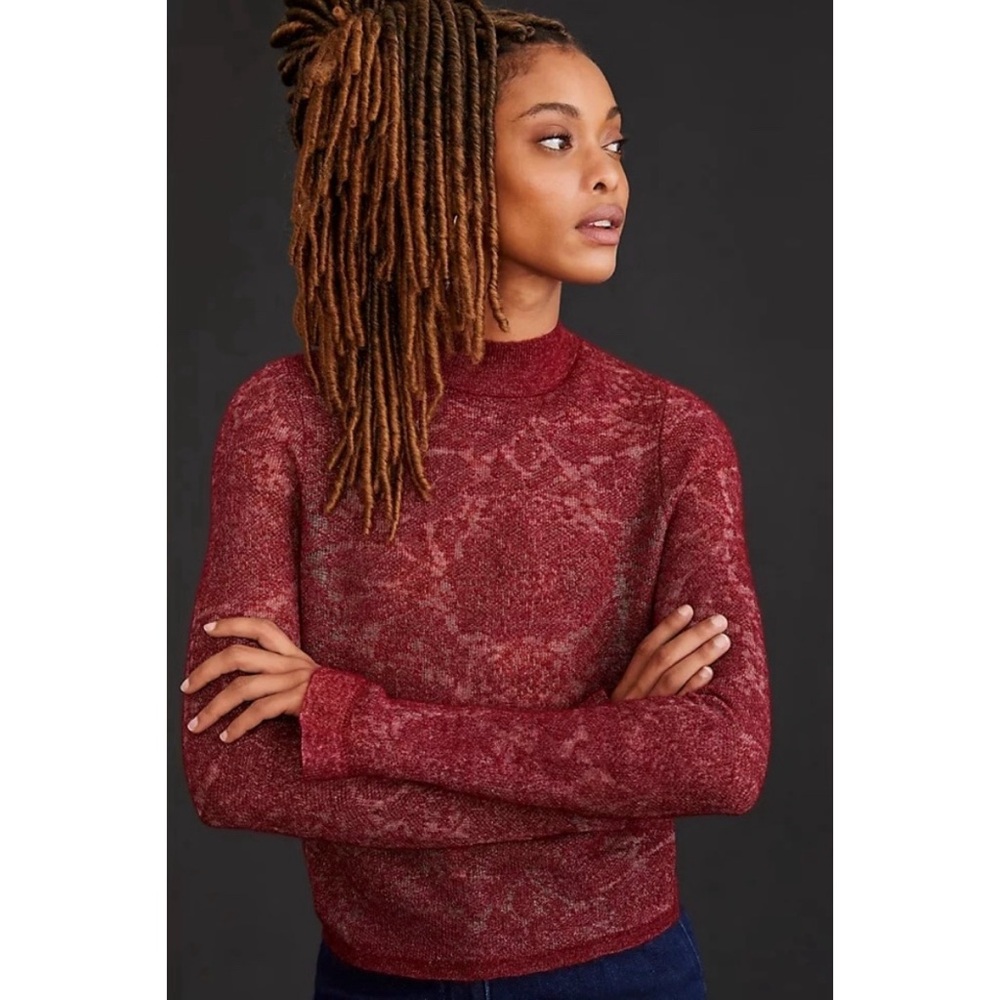 Anthropologie Hanna Lace Wool Blend Mock Neck Sweater in Red